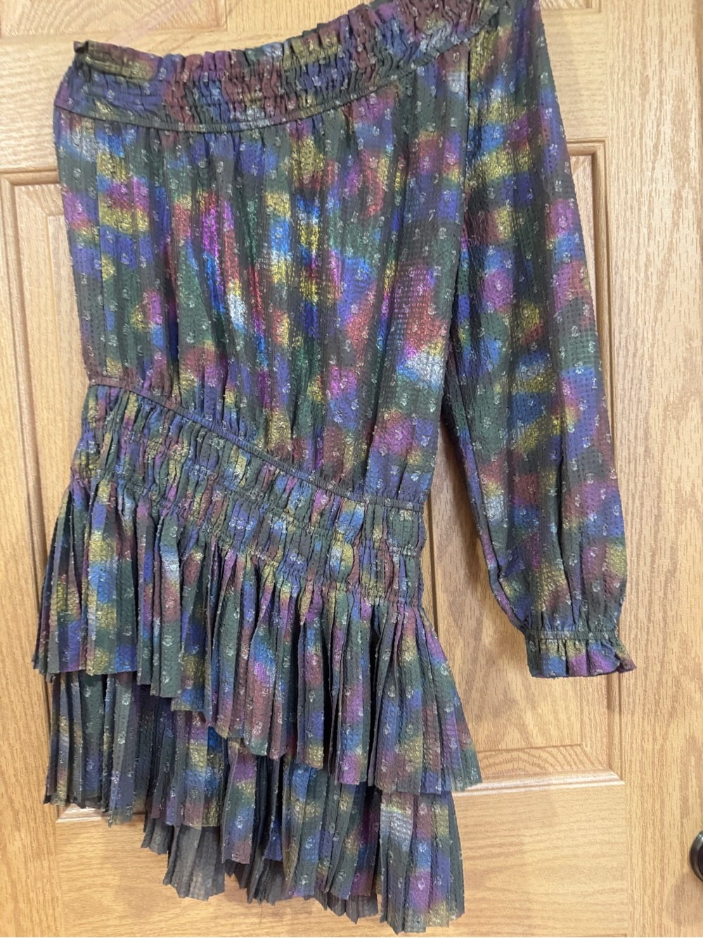 Current Air One Shoulder Metallic Shimmer Tiered Pleated Mini Dress Small